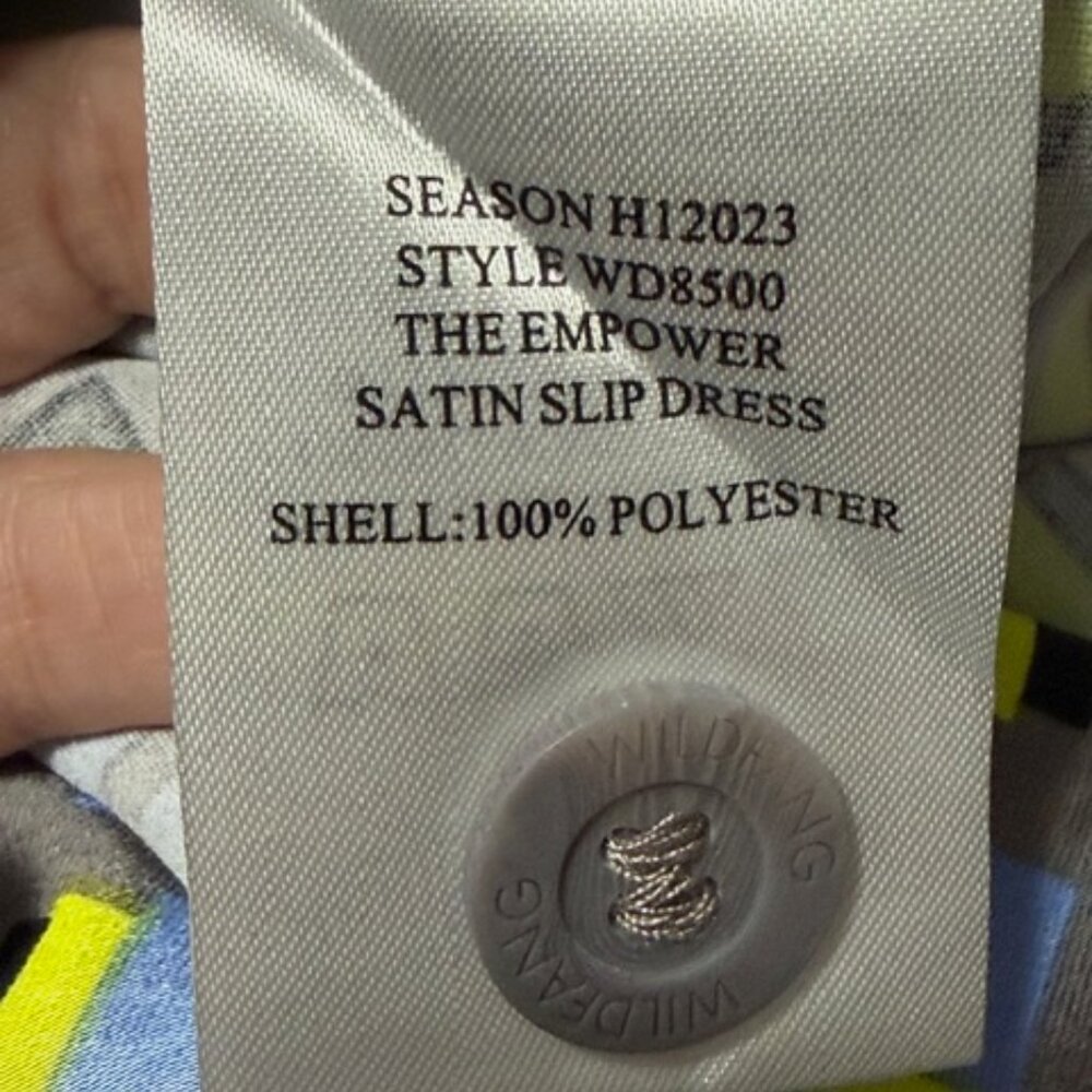 Wildfang‎ Empower Satin Slip Dress XL Blue Yellow Geometric Mod Belted Print New - Picture 10 of 11